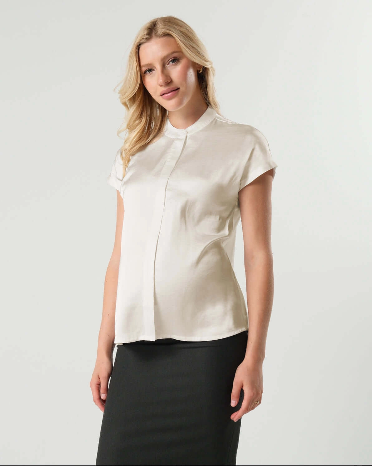 Short Sleeve Satin Maternity Shell Top with Concealed Nursing Zip