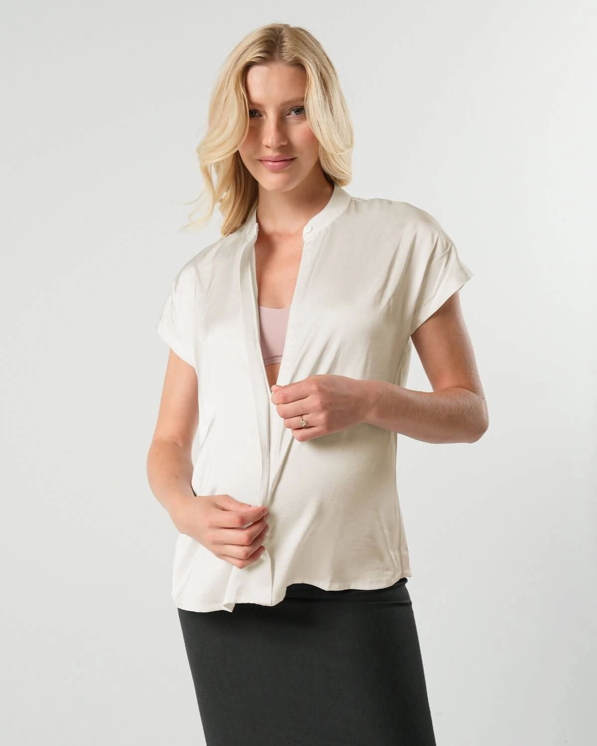Short Sleeve Satin Maternity Shell Top with Concealed Nursing Zip