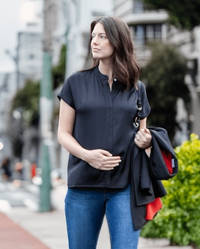 Short Sleeve Satin Maternity Shell Top with Concealed Nursing Zip