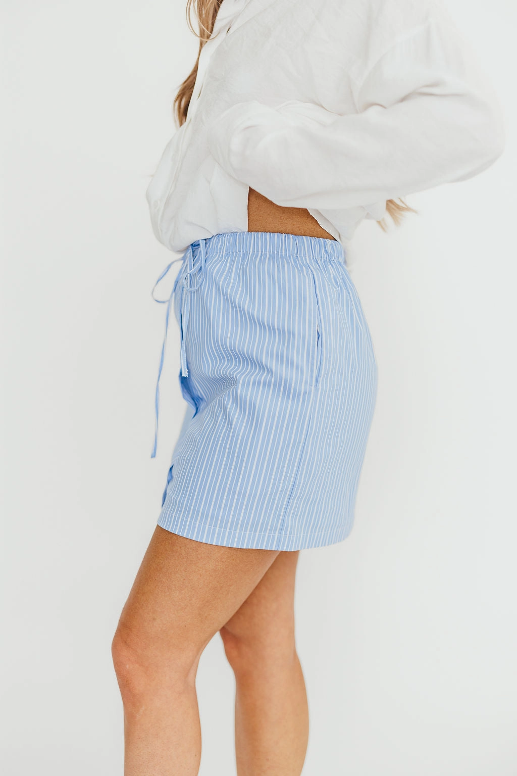 Sia Striped Poplin Drawstring Skort in Light Blue