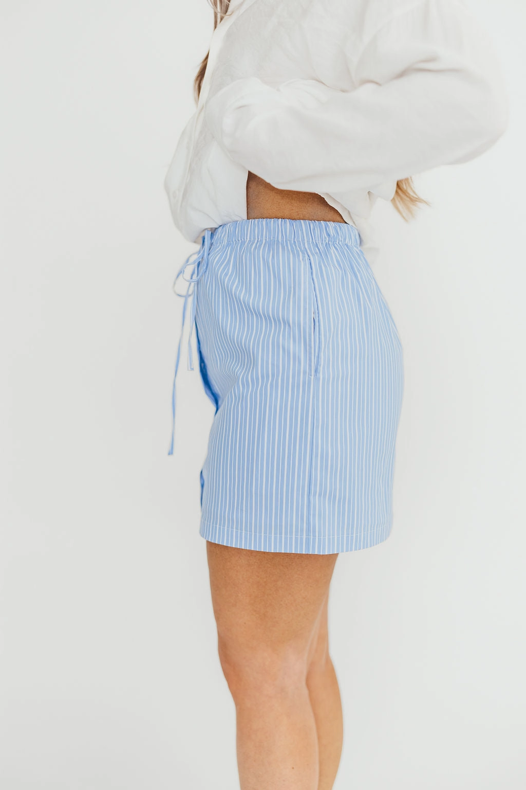 Sia Striped Poplin Drawstring Skort in Light Blue