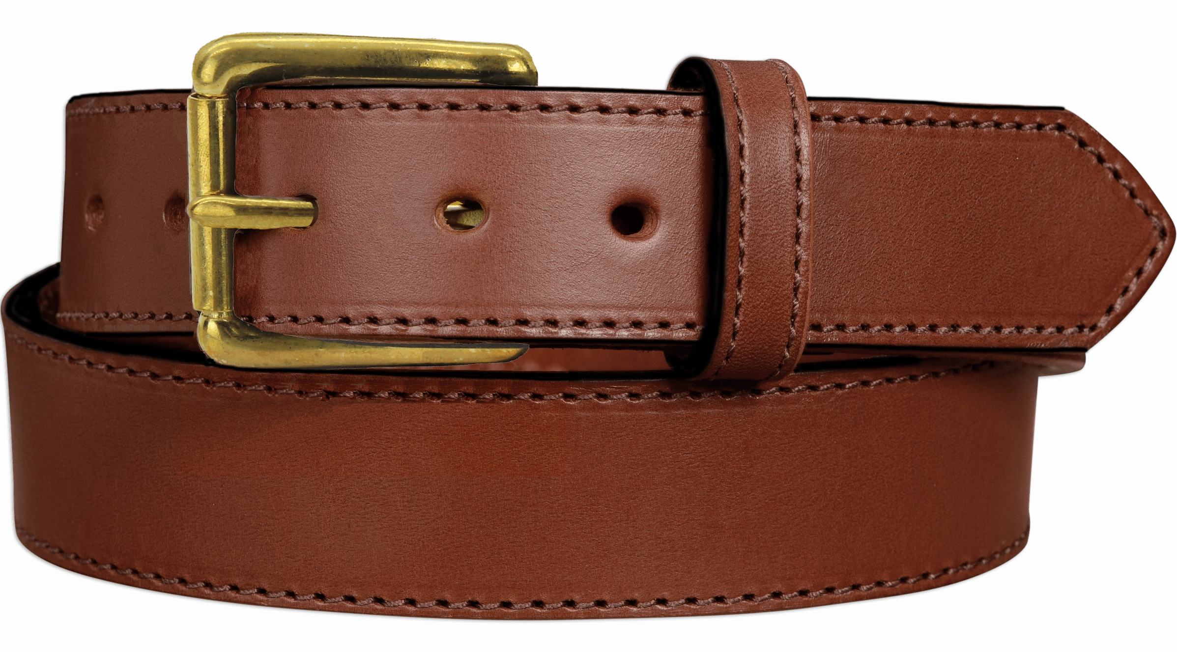 The Maverick: Medium Brown Stitched Leather Belt With Brass 1.50"