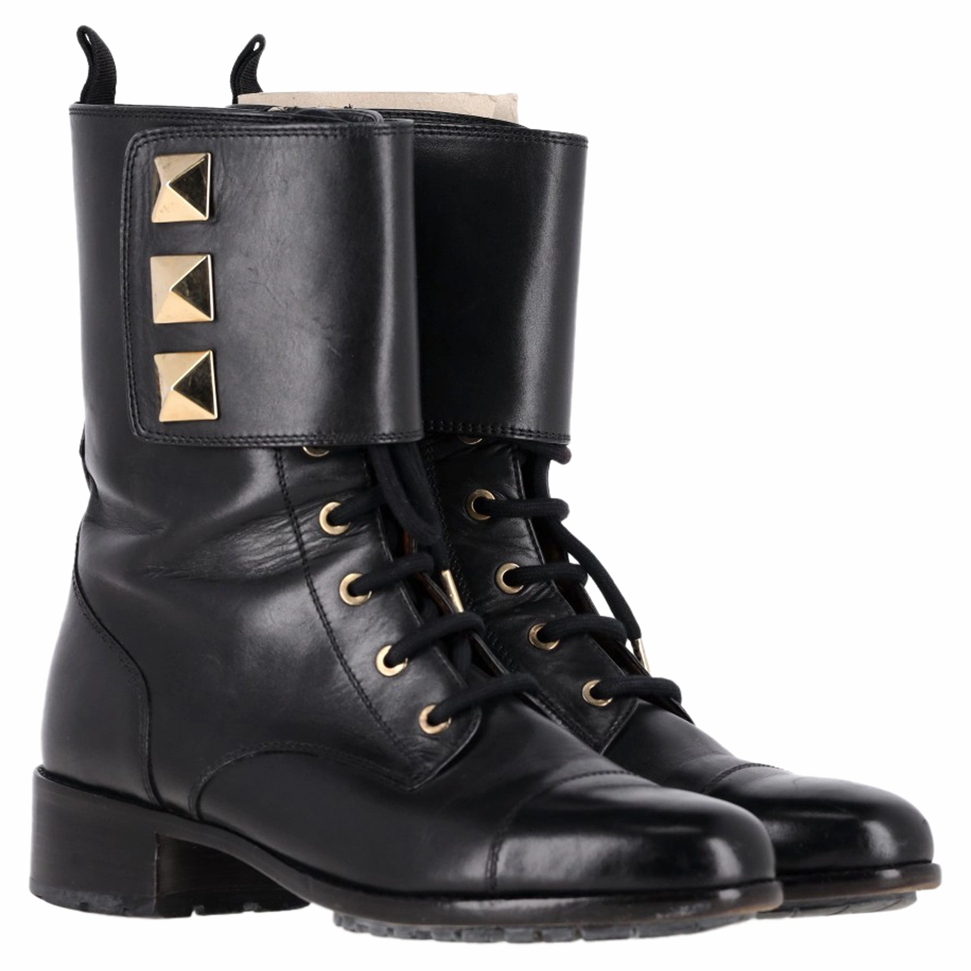 Valentino Rockstud Lace-Up Combat Boots in Black Leather