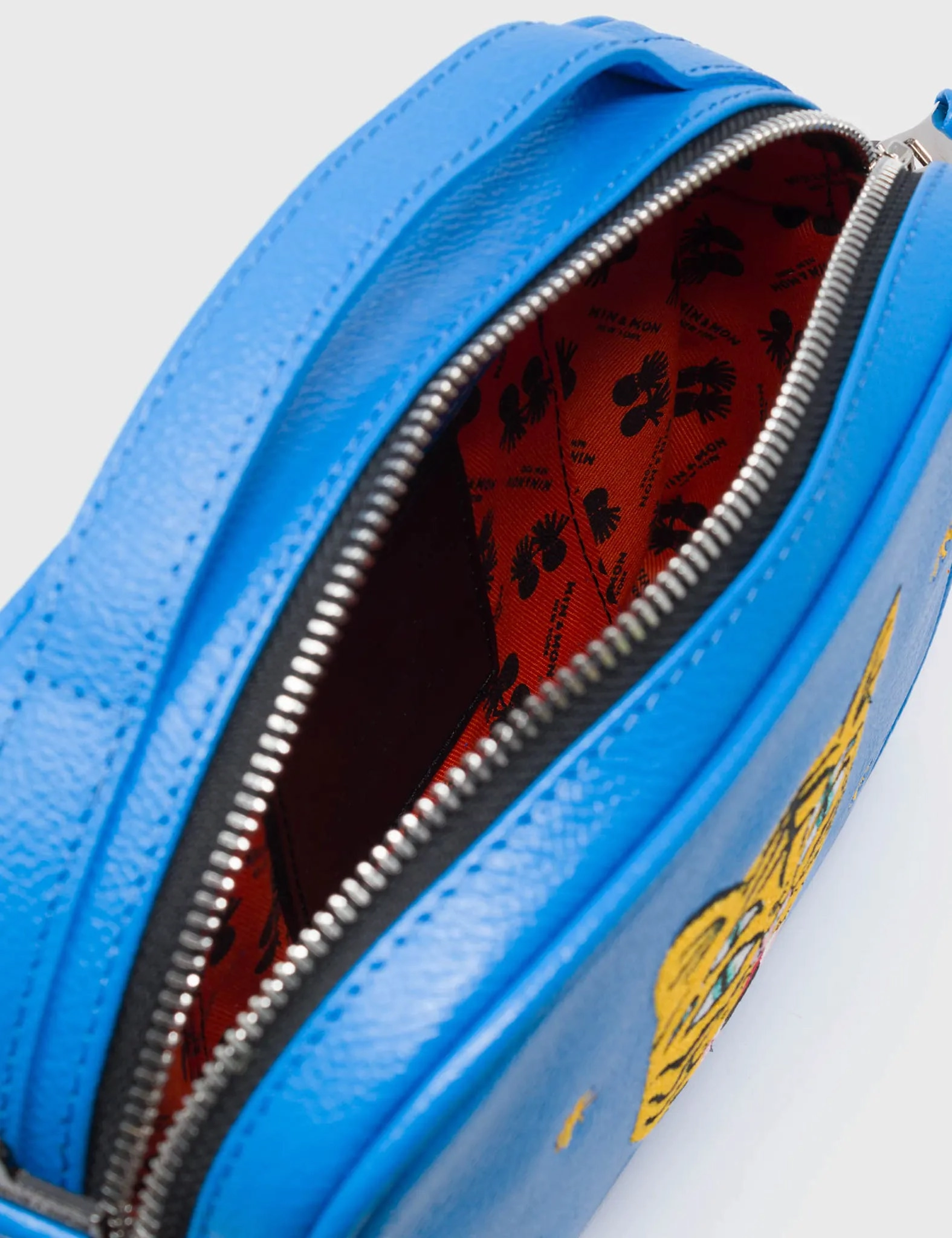 Verto Ibiza Blue Leather Crossbody Bag - Happy Tiger Face Embroidery