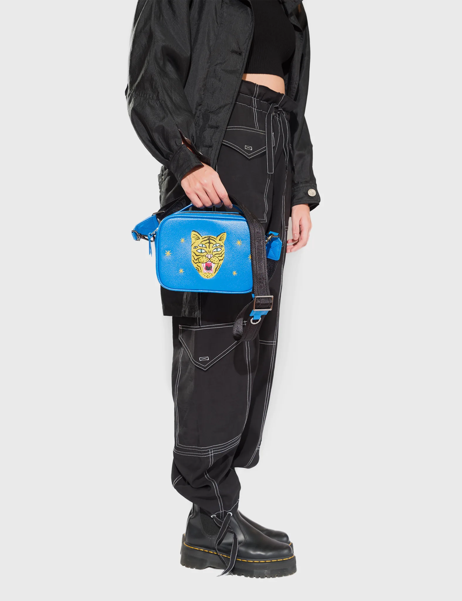 Verto Ibiza Blue Leather Crossbody Bag - Happy Tiger Face Embroidery
