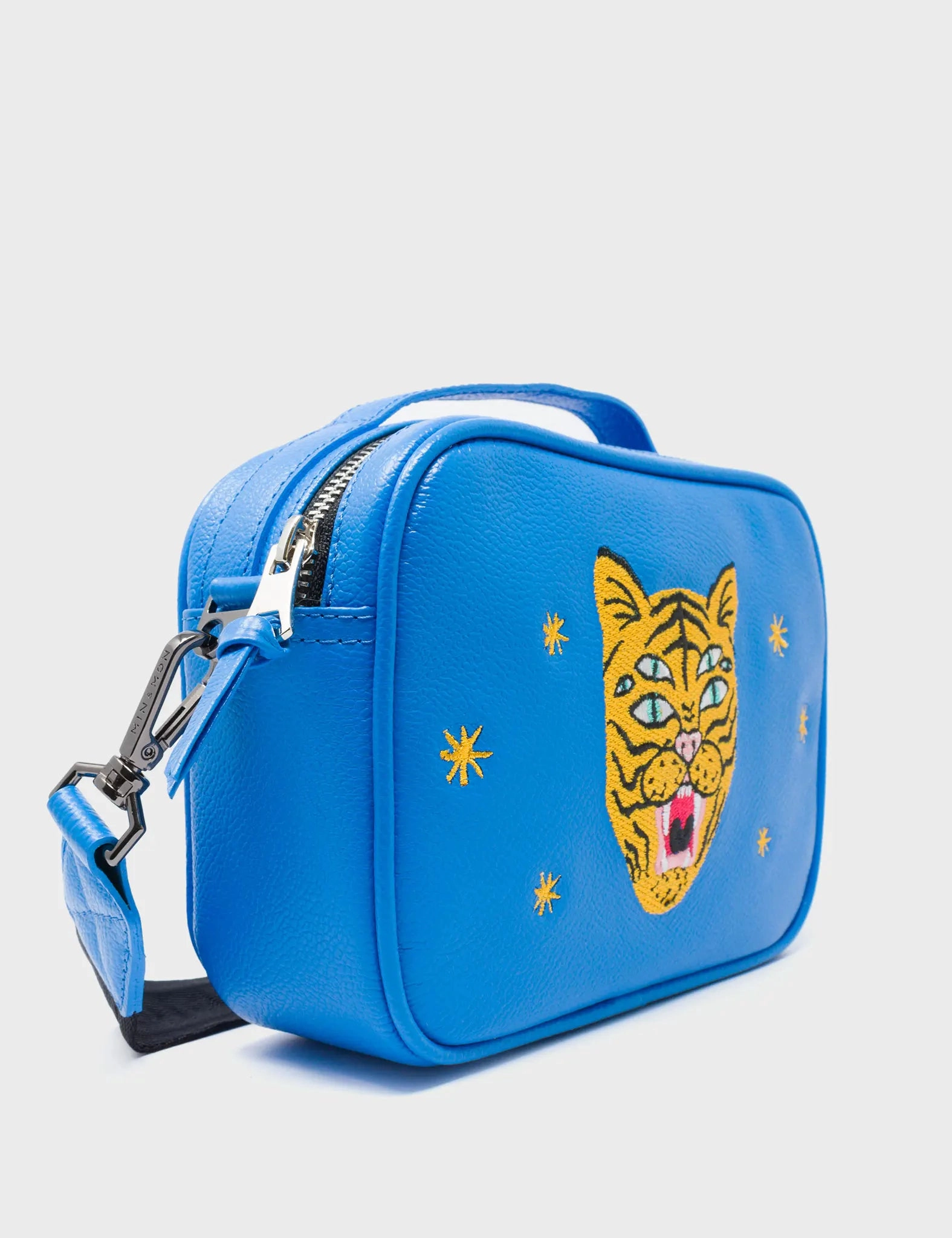 Verto Ibiza Blue Leather Crossbody Bag - Happy Tiger Face Embroidery