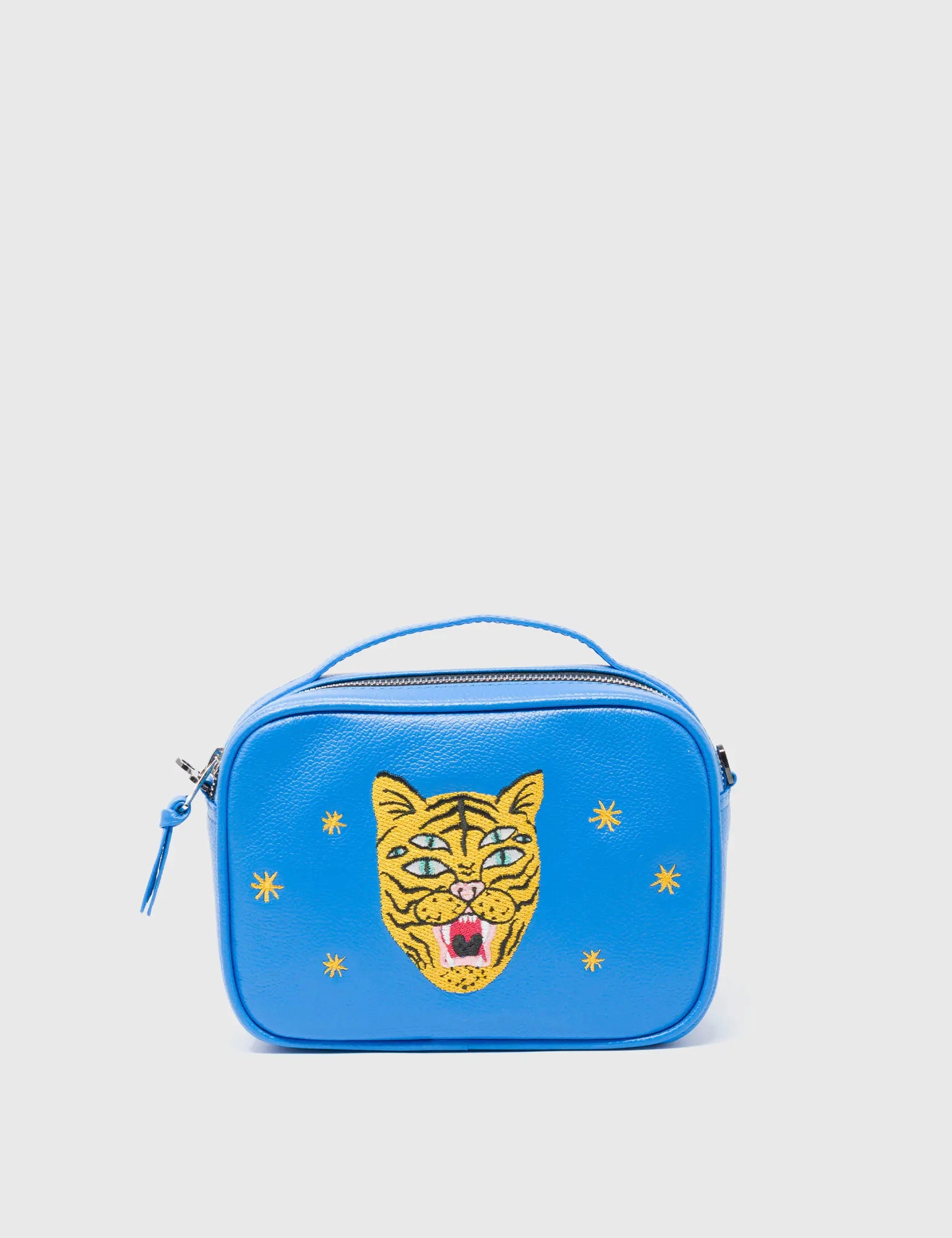 Verto Ibiza Blue Leather Crossbody Bag - Happy Tiger Face Embroidery